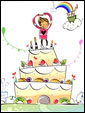 Влюбленный мальчик стоит на вершине торта, показывая руками символ сердца. С Днем Рождения!
