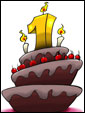 Яркий вишневый торт, украшенный цифрой один, является символом пришедшего Дня Рождения.