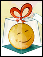 Упакованная в коробку улыбка для получателя открытки и просьба: позволь подарить тебе улыбку...