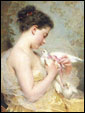 Красавица 19-го столетья спокойно смотрит на подвязанную ленточкой голубку в своих руках...