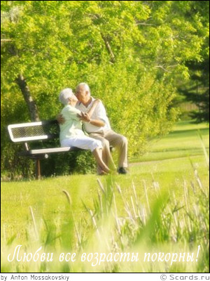Влюбленная пожилая пара сидит на лавочке посреди парка, одаривая друг друга нежными поцелуями.