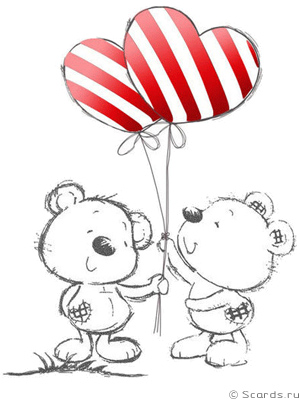 Маленький плюшевый медвежонок дарит своему другу воздушный шарик-сердечко.