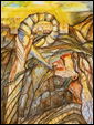 Написанная маслом картина изображает трубящего в шофар еврейского равина.
