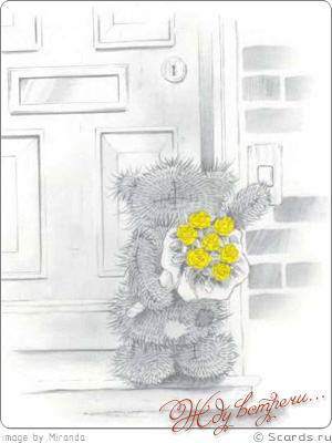 Плюшевый мишка стоит у двери возлюбленной, не решаясь позвонить: жду встречи!